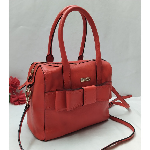Kate Spade Red Leather Bow Double Handles Zipper Satchel Bag - Picture 3 of 16